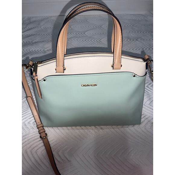 Calvin Klein Turquoise Satchel Crossbody Bag Structured Purse Gold Hardware NWOT - Picture 1 of 11